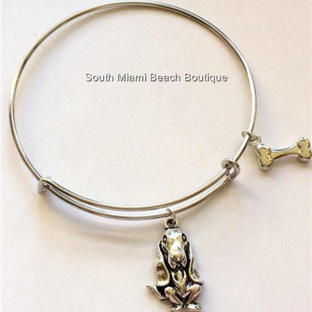 Bassett Hound Dog Bone Charm Bracelet Silver Plated Rescue Vet Tech Adjustable